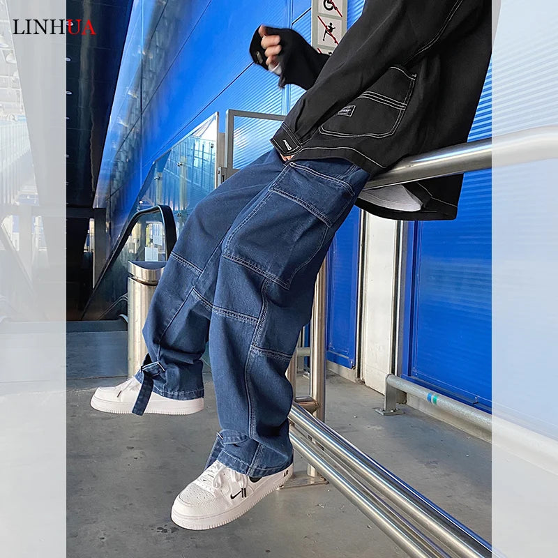 LINHUA Men Wide Leg Jeans Mens Spring cargo pants Hip Hop Streetwear New Loose Straight Baggy Denim Pants Male work jeans