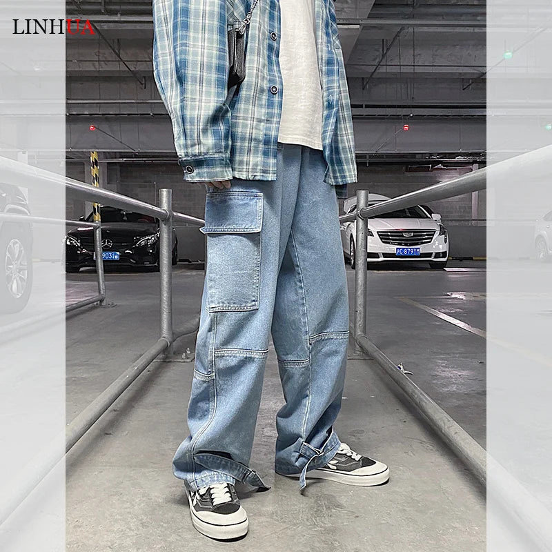 LINHUA Men Wide Leg Jeans Mens Spring cargo pants Hip Hop Streetwear New Loose Straight Baggy Denim Pants Male work jeans