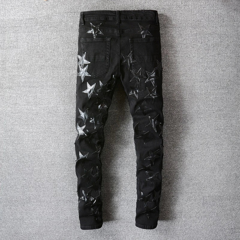 Men's Leather Stars Patch Jeans Black Stretch Denim Pencil Pants Slim Skinny Patchwork Trousers