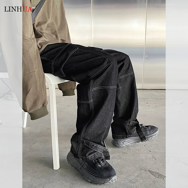 LINHUA Men Wide Leg Jeans Mens Spring cargo pants Hip Hop Streetwear New Loose Straight Baggy Denim Pants Male work jeans