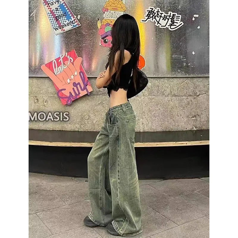 Blue Women's Jeans Hip-hop Fashion Vintage Streetwear Y2K Wide Leg Straight Jean High Waist Trouser Classic Baggy Denim Pants