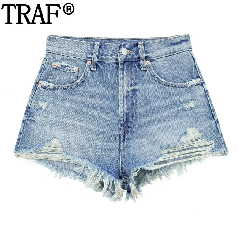 TRAF Women's Jeans Shorts Blue Black Denim Shorts Women High Waist Summer Shorts Woman Fashion Ripped Streetwear Short Pants