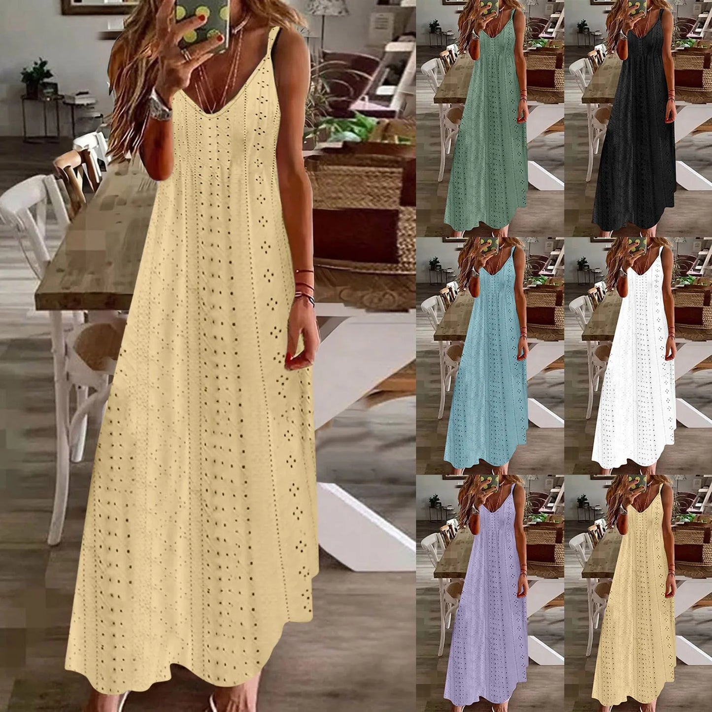 2024 Summer Sleeveless V Neck Maxi Dress Solid Color Hollow Out Casual Dresses Spaghetti Strap Straight Dress For Women Elegant