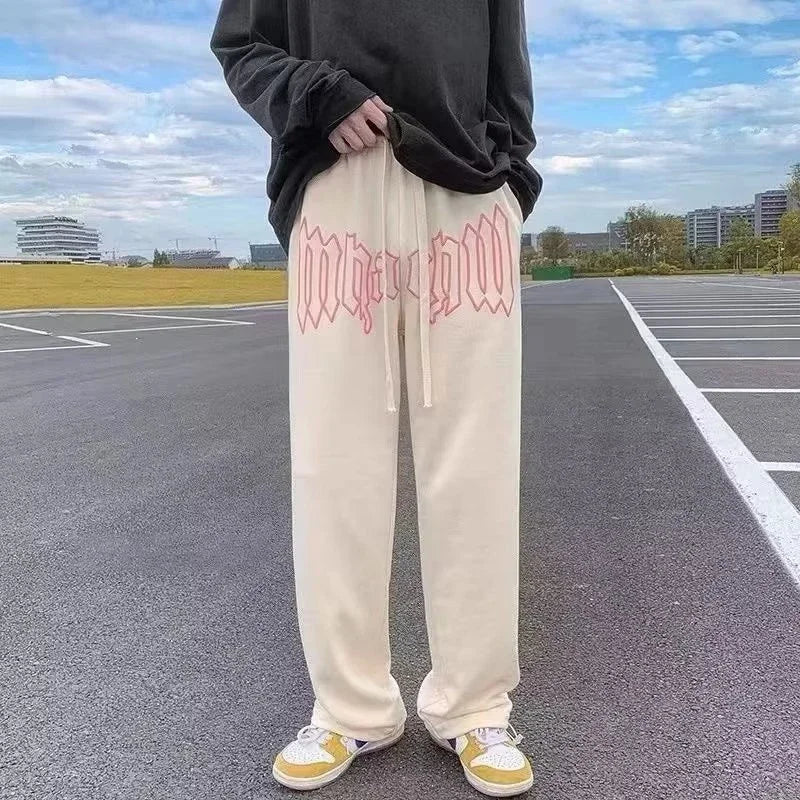 American Style Letter Print Straight Pants For Men High Street Loose Trousers Casual Joggers Hip Hop Drawstring Sweatpants