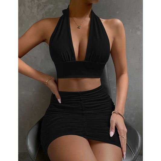 Lace Up V Neck Sexy Hollow Out Two Piece Set Women Backless Sleeveless Pleated Bodycon Mini Dress Summer Female