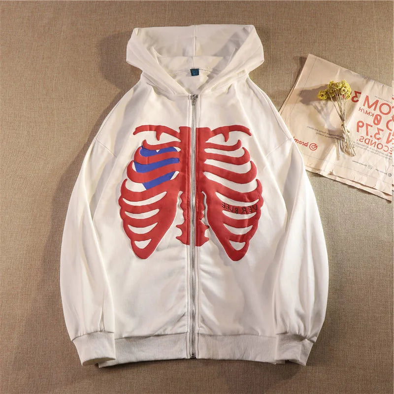 Fashion Y2K Skeleton Hoodies New Women Gothic Black Zip Up Oversized Sweatshirt Ladies Retro Harajuku Hooded Jacket Streetwear