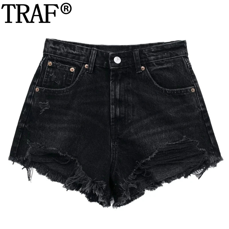 TRAF Women's Jeans Shorts Blue Black Denim Shorts Women High Waist Summer Shorts Woman Fashion Ripped Streetwear Short Pants