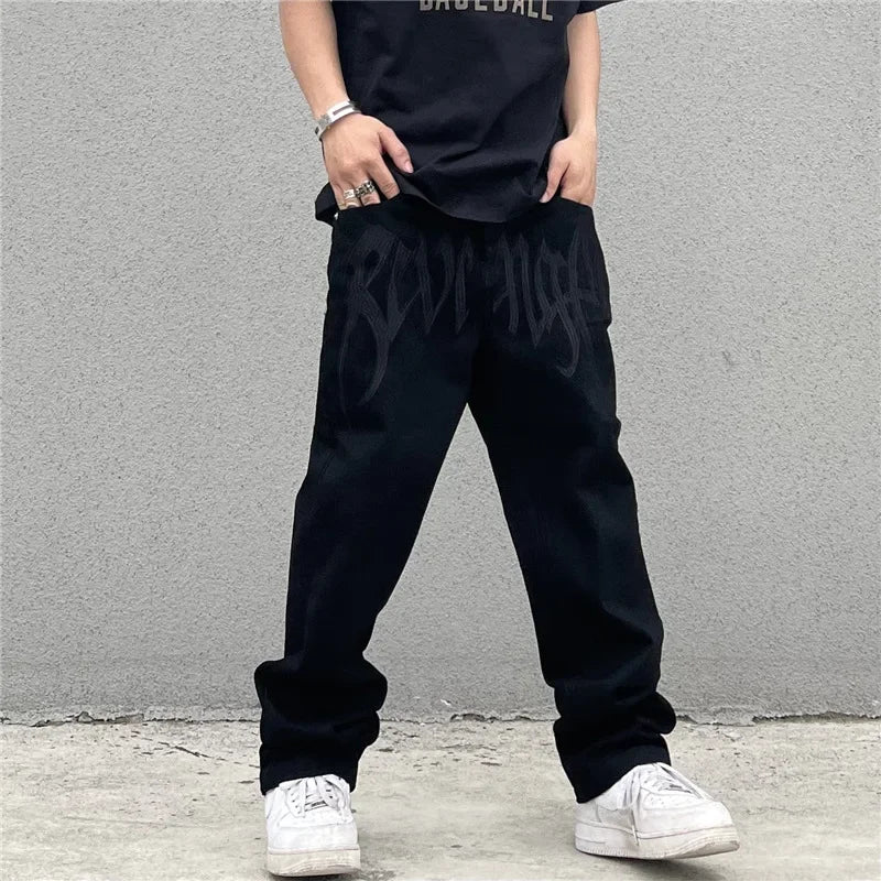 New Style Retro Printed Letter Jeans for Men Black Y2K Loose Straight Casual Denim Long Pants American Style Men's Streetwear