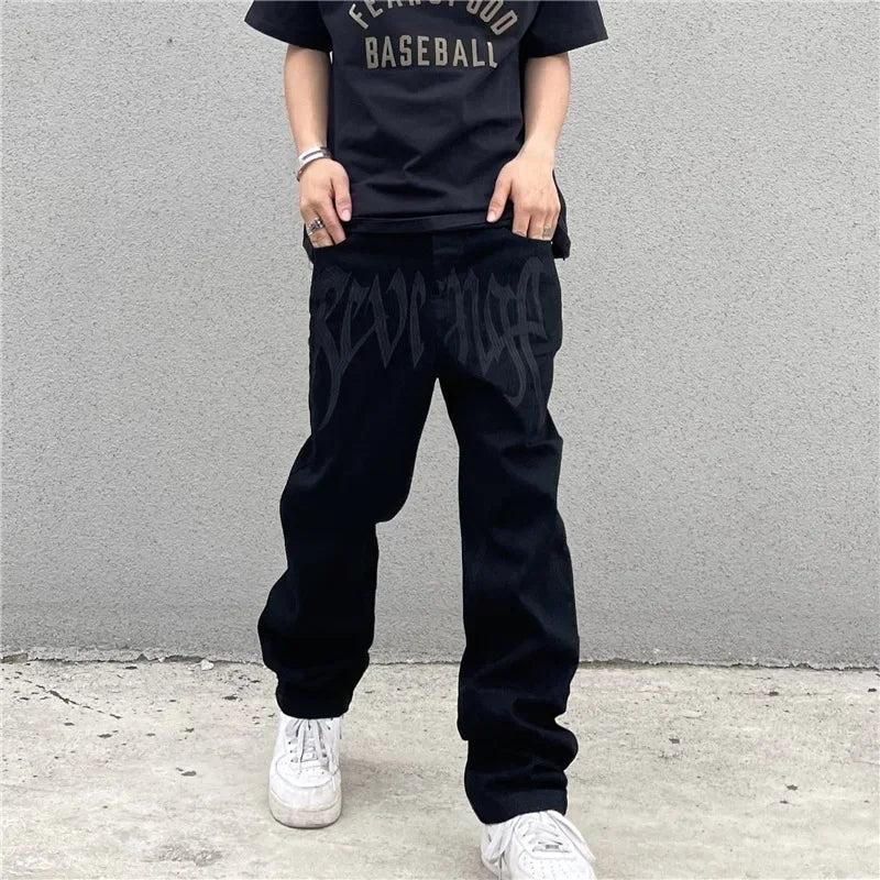 New Style Retro Printed Letter Jeans for Men Black Y2K Loose Straight Casual Denim Long Pants American Style Men's Streetwear