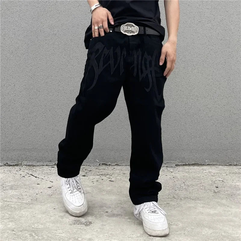 New Style Retro Printed Letter Jeans for Men Black Y2K Loose Straight Casual Denim Long Pants American Style Men's Streetwear