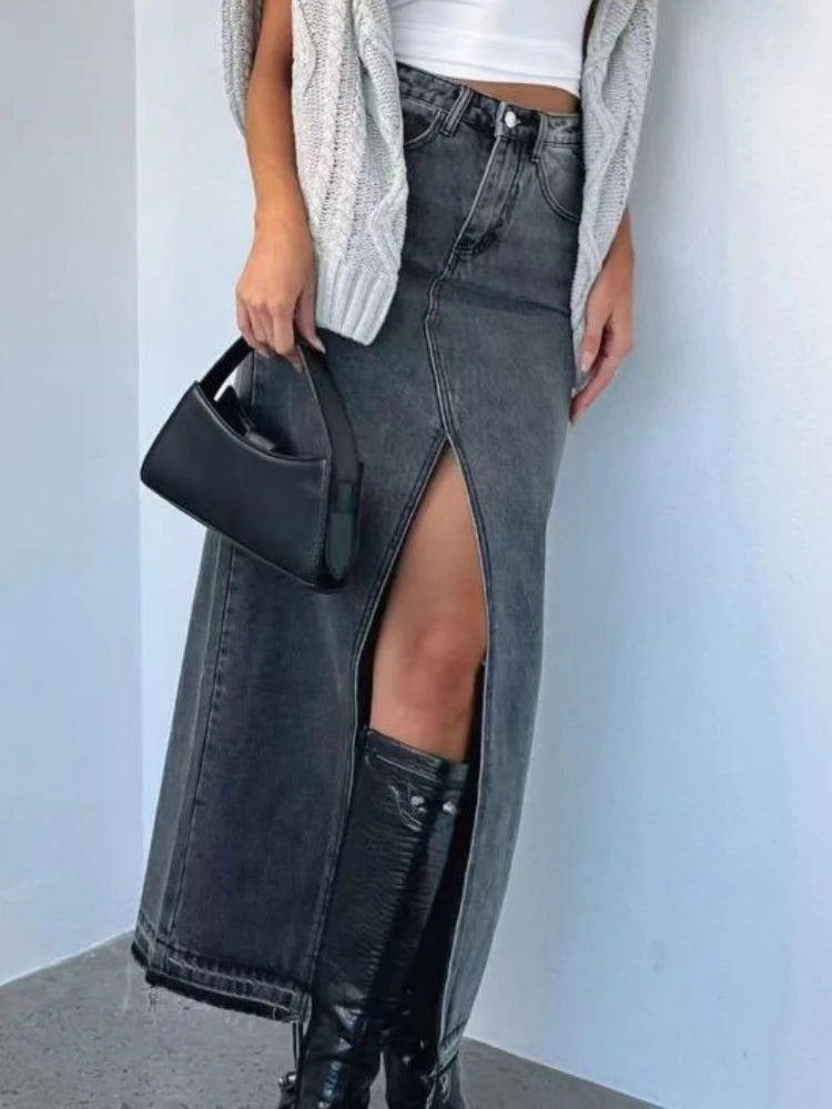 Midi Skirt Split Denim Clothing Vintage Women A-Line Skirt Skinny Summer Autumn Jean Skirt Fashion Slant Pockets Half Dress