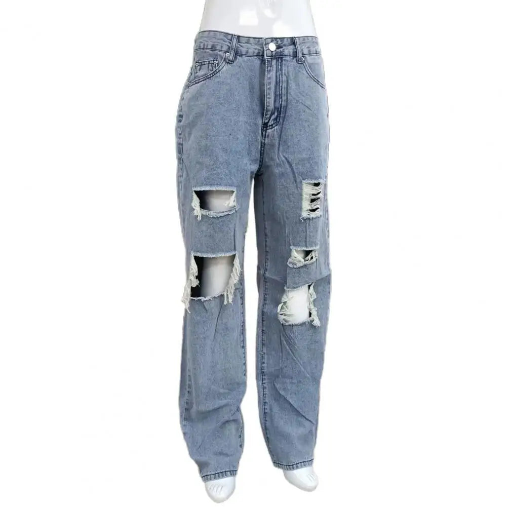 Women Jeans Zipper Fly Wide Leg Lady  Denim Pants High Waist Women Denim Trousers No Stretch Women Ripped Loose Fit Jeans