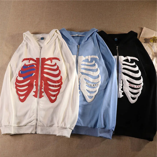 Fashion Y2K Skeleton Hoodies New Women Gothic Black Zip Up Oversized Sweatshirt Ladies Retro Harajuku Hooded Jacket Streetwear