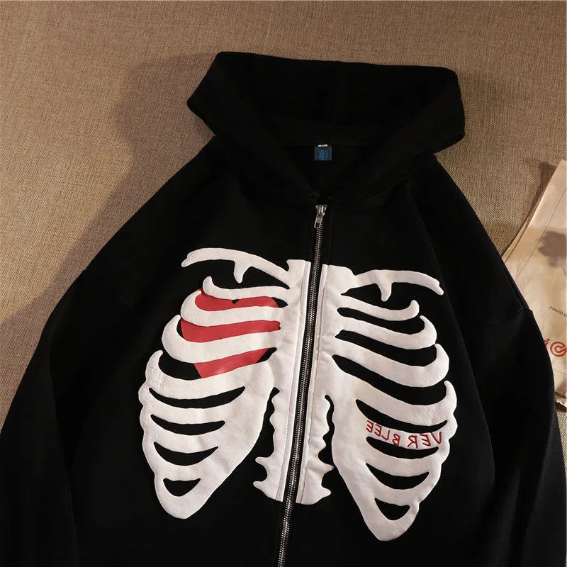 Fashion Y2K Skeleton Hoodies New Women Gothic Black Zip Up Oversized Sweatshirt Ladies Retro Harajuku Hooded Jacket Streetwear