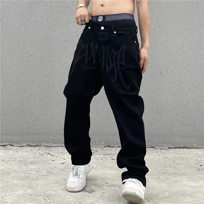 New Style Retro Printed Letter Jeans for Men Black Y2K Loose Straight Casual Denim Long Pants American Style Men's Streetwear