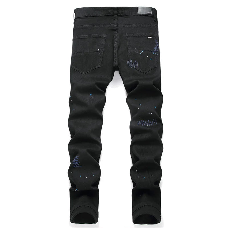 European Jeans With Distressed Patches, Black Trendy Elastic Slim Fit Leggings, Personalized Men's Pants