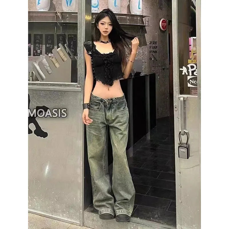 Blue Women's Jeans Hip-hop Fashion Vintage Streetwear Y2K Wide Leg Straight Jean High Waist Trouser Classic Baggy Denim Pants